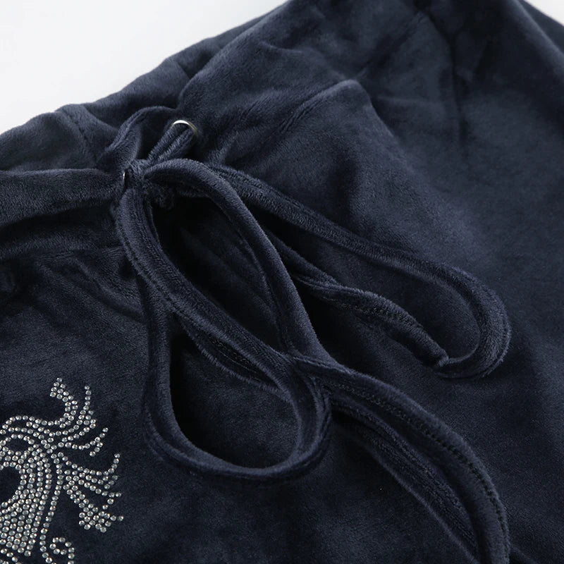 Rockmore Retro Rhinestone Flare Pants Velvet Drawstring Casual Trouser Streetwear Cute Bottoms Y2K Aesthetic 2000s Women's Pants RT220