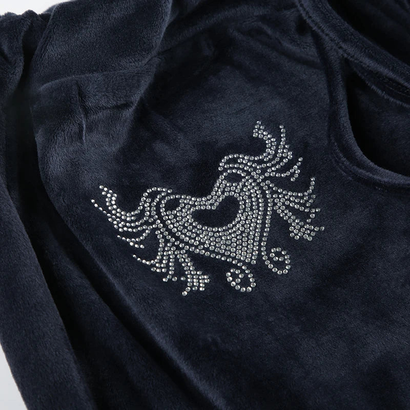 Rockmore Retro Rhinestone Flare Pants Velvet Drawstring Casual Trouser Streetwear Cute Bottoms Y2K Aesthetic 2000s Women's Pants RT220