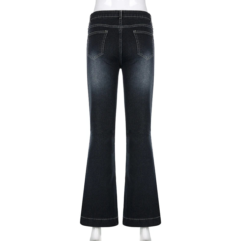 Rockmore Vintage Flare Jeans Women Low Rise Fashion Washed Jean Pants Y2K Aesthetic High Street Denim Trousers Korean Casual New RT220