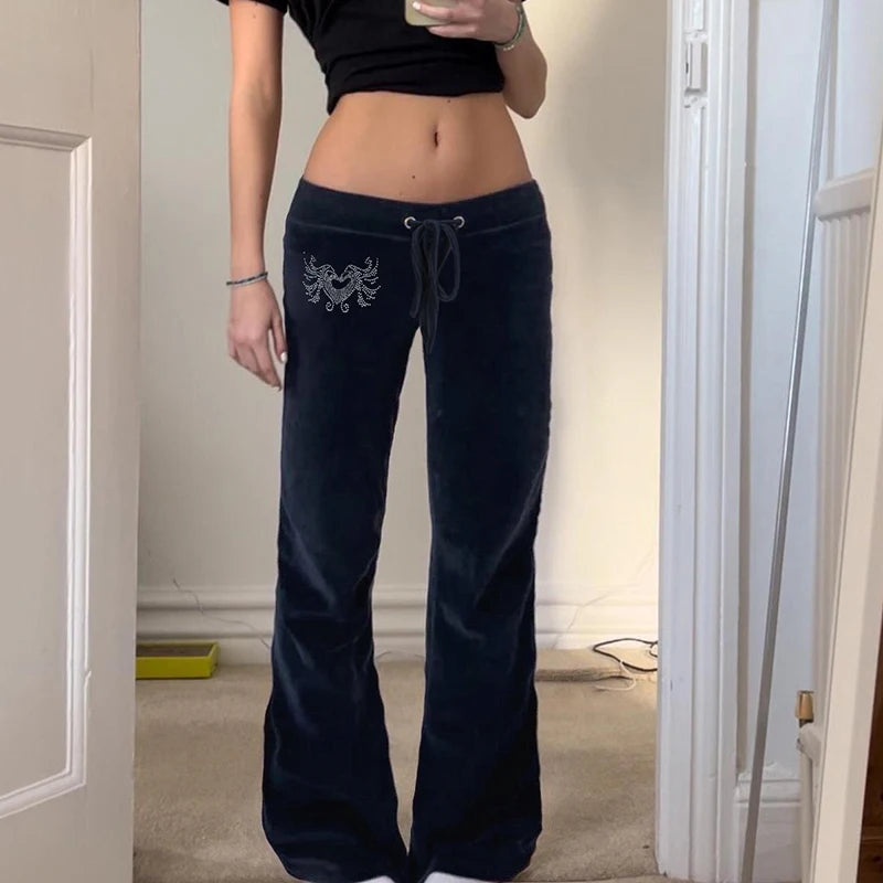 Rockmore Retro Rhinestone Flare Pants Velvet Drawstring Casual Trouser Streetwear Cute Bottoms Y2K Aesthetic 2000s Women's Pants RT220