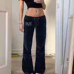 Rockmore Retro Rhinestone Flare Pants Velvet Drawstring Casual Trouser Streetwear Cute Bottoms Y2K Aesthetic 2000s Women's Pants RT220