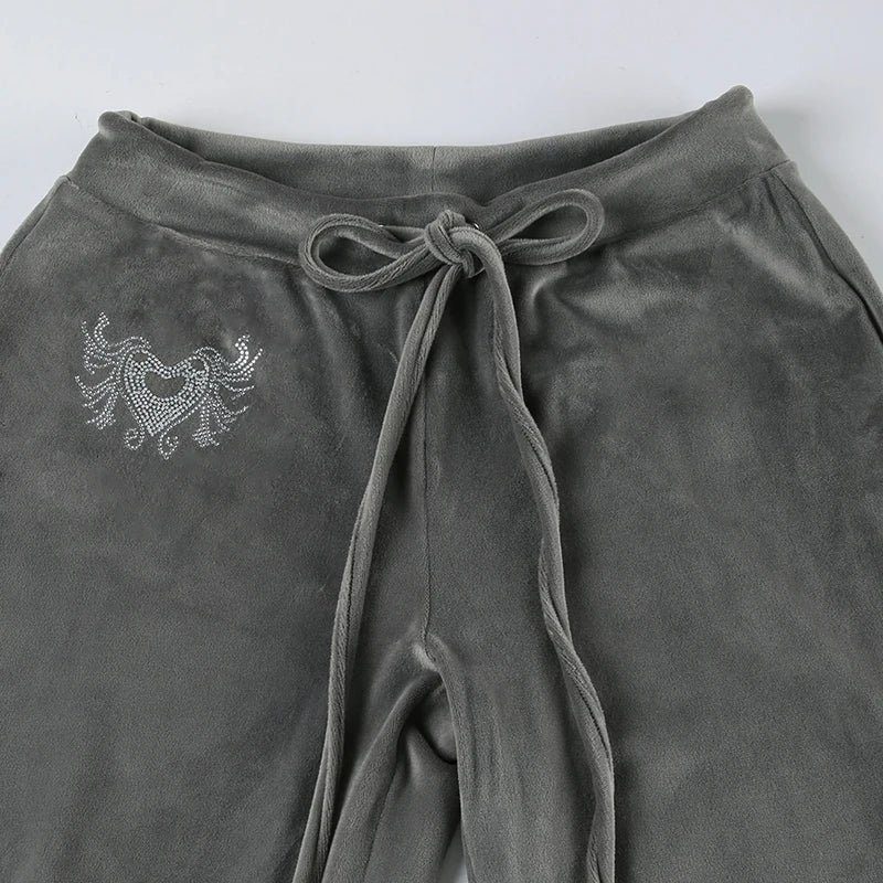 Rockmore Retro Rhinestone Flare Pants Velvet Drawstring Casual Trouser Streetwear Cute Bottoms Y2K Aesthetic 2000s Women's Pants RT220