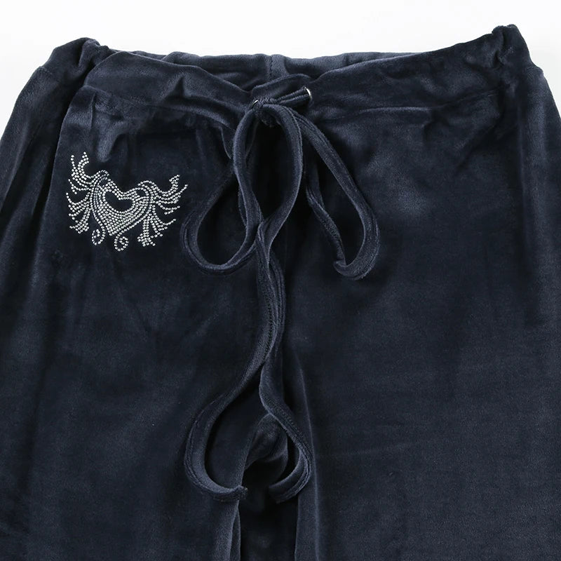 Rockmore Retro Rhinestone Flare Pants Velvet Drawstring Casual Trouser Streetwear Cute Bottoms Y2K Aesthetic 2000s Women's Pants RT220