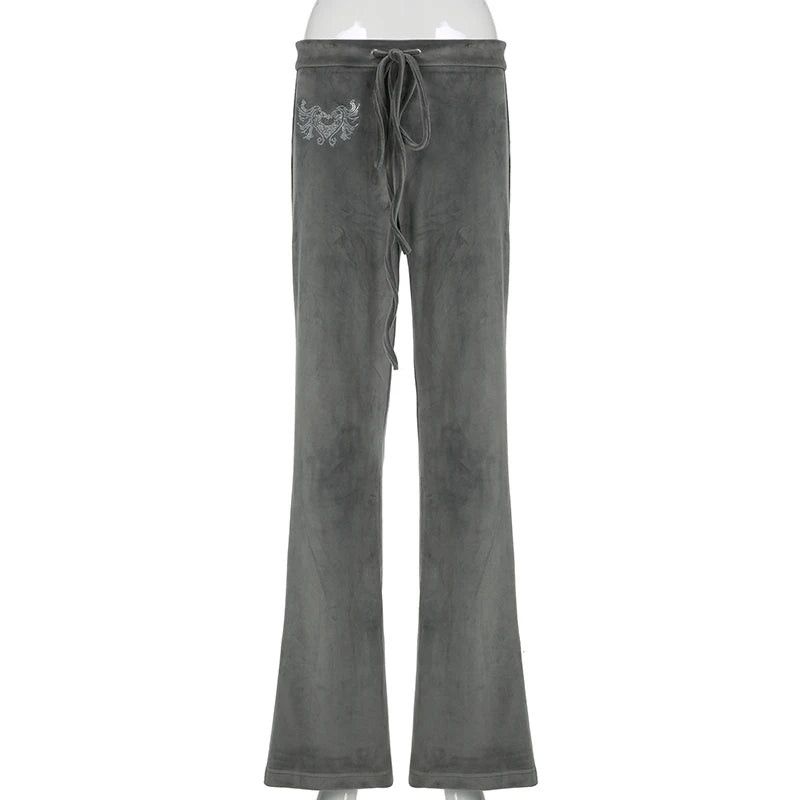 Rockmore Retro Rhinestone Flare Pants Velvet Drawstring Casual Trouser Streetwear Cute Bottoms Y2K Aesthetic 2000s Women's Pants RT220