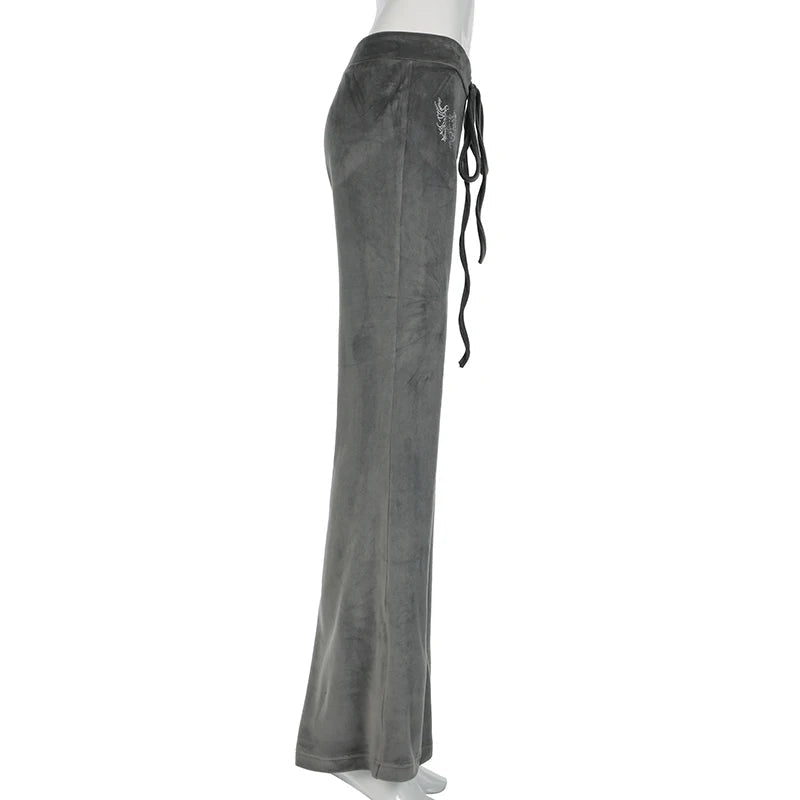Rockmore Retro Rhinestone Flare Pants Velvet Drawstring Casual Trouser Streetwear Cute Bottoms Y2K Aesthetic 2000s Women's Pants RT220