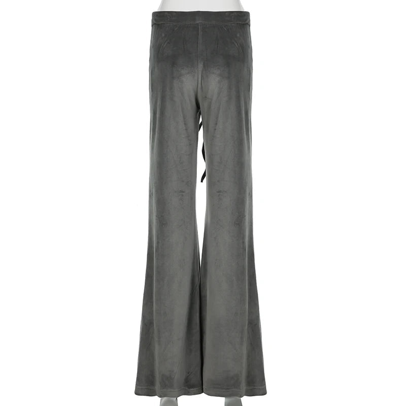 Rockmore Retro Rhinestone Flare Pants Velvet Drawstring Casual Trouser Streetwear Cute Bottoms Y2K Aesthetic 2000s Women's Pants RT220