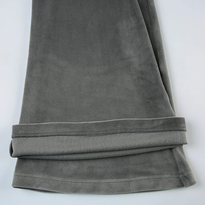 Rockmore Retro Rhinestone Flare Pants Velvet Drawstring Casual Trouser Streetwear Cute Bottoms Y2K Aesthetic 2000s Women's Pants RT220