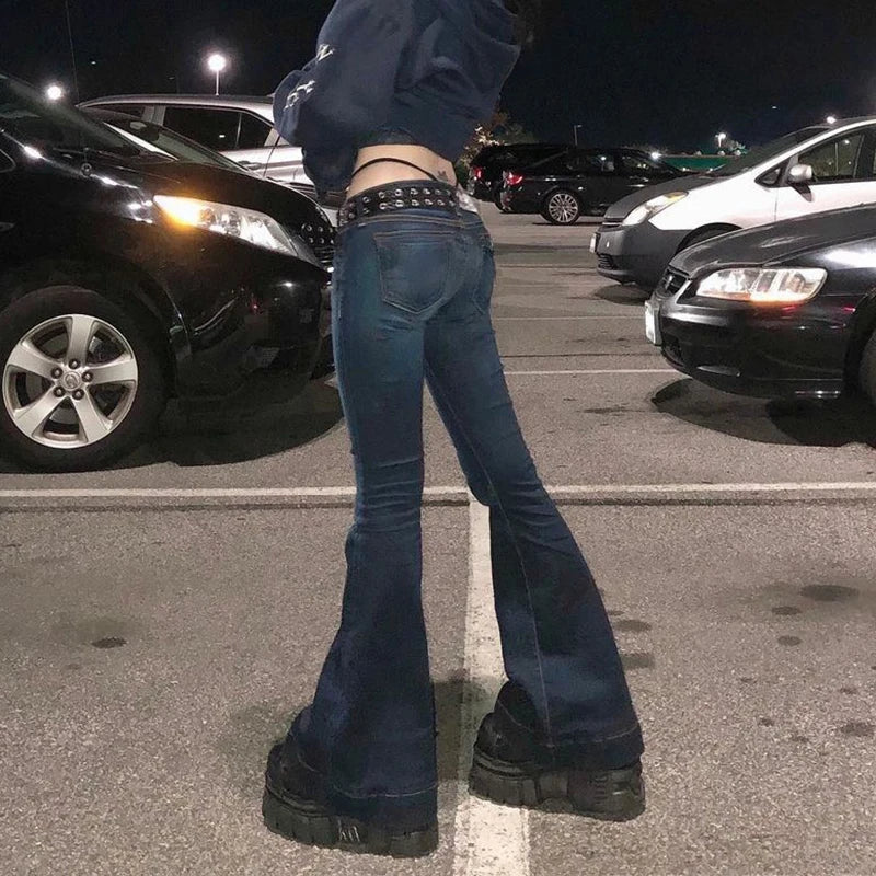 Rockmore Vintage Flare Jeans Women Low Rise Fashion Washed Jean Pants Y2K Aesthetic High Street Denim Trousers Korean Casual New RT220