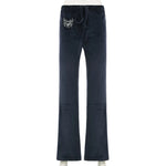 Rockmore Retro Rhinestone Flare Pants Velvet Drawstring Casual Trouser Streetwear Cute Bottoms Y2K Aesthetic 2000s Women's Pants RT220