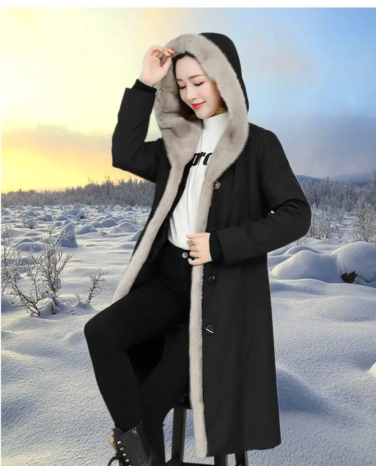 Female Hooded Fur Coat 2024 Autumn Winter New Women's The Long Jacket Coat Korean Version Trendy Imitation Fur Coat Women RT220