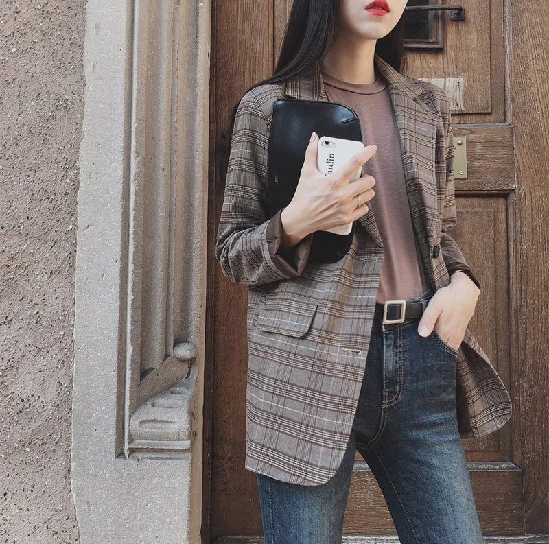 2025 Retro Plaid Blazer Set Single-breasted Jacket & Pencil Skirt 2 Pieces Skirt Suit Female Office Ladies Blazer Suit RT220