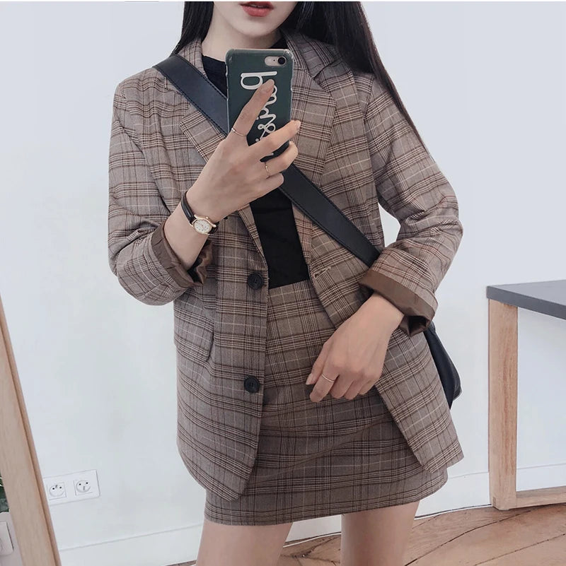 2025 Retro Plaid Blazer Set Single-breasted Jacket & Pencil Skirt 2 Pieces Skirt Suit Female Office Ladies Blazer Suit RT220