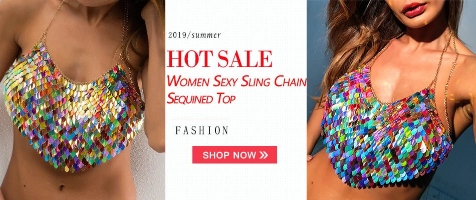 New Sexy Backless Metal Sequined Solid Camis Sleeveless Halter Hollow Out V Neck Adjustable Chain Women Nightclub Crop Tops RT220