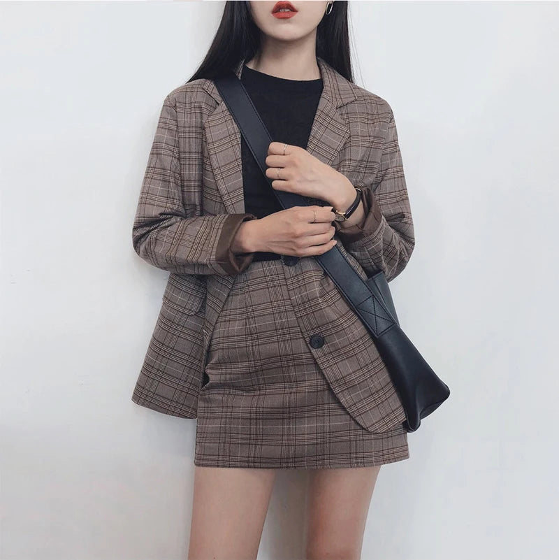 2025 Retro Plaid Blazer Set Single-breasted Jacket & Pencil Skirt 2 Pieces Skirt Suit Female Office Ladies Blazer Suit RT220