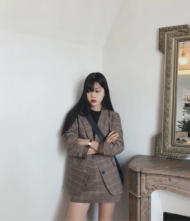 2025 Retro Plaid Blazer Set Single-breasted Jacket & Pencil Skirt 2 Pieces Skirt Suit Female Office Ladies Blazer Suit RT220