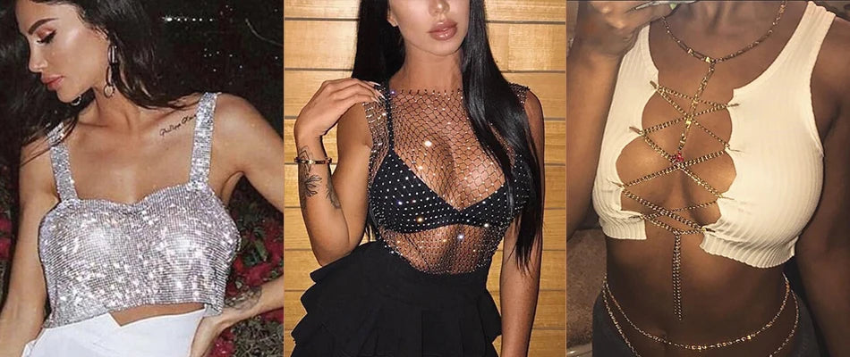 New Sexy Backless Metal Sequined Solid Camis Sleeveless Halter Hollow Out V Neck Adjustable Chain Women Nightclub Crop Tops RT220