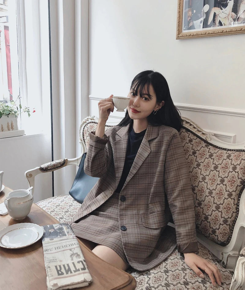 2025 Retro Plaid Blazer Set Single-breasted Jacket & Pencil Skirt 2 Pieces Skirt Suit Female Office Ladies Blazer Suit RT220
