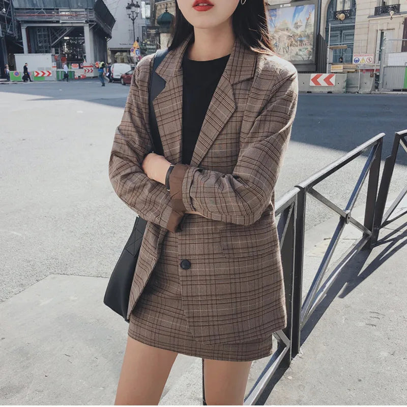 2025 Retro Plaid Blazer Set Single-breasted Jacket & Pencil Skirt 2 Pieces Skirt Suit Female Office Ladies Blazer Suit RT220