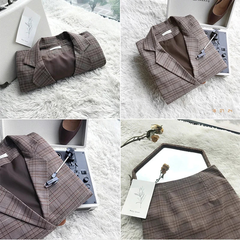 2025 Retro Plaid Blazer Set Single-breasted Jacket & Pencil Skirt 2 Pieces Skirt Suit Female Office Ladies Blazer Suit RT220