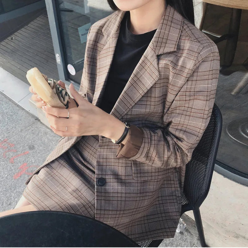 2025 Retro Plaid Blazer Set Single-breasted Jacket & Pencil Skirt 2 Pieces Skirt Suit Female Office Ladies Blazer Suit RT220