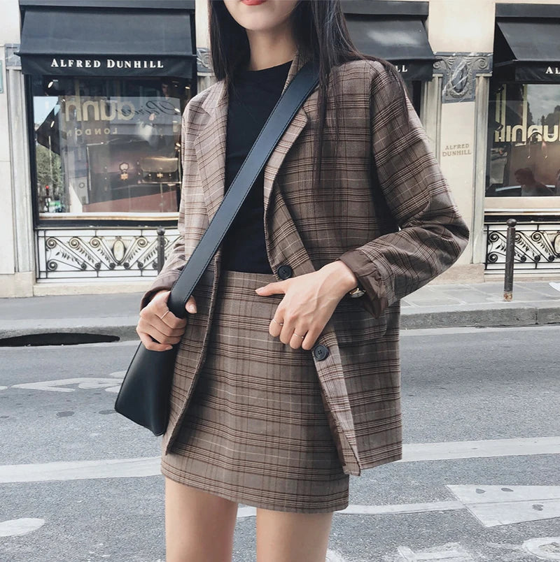 2025 Retro Plaid Blazer Set Single-breasted Jacket & Pencil Skirt 2 Pieces Skirt Suit Female Office Ladies Blazer Suit RT220