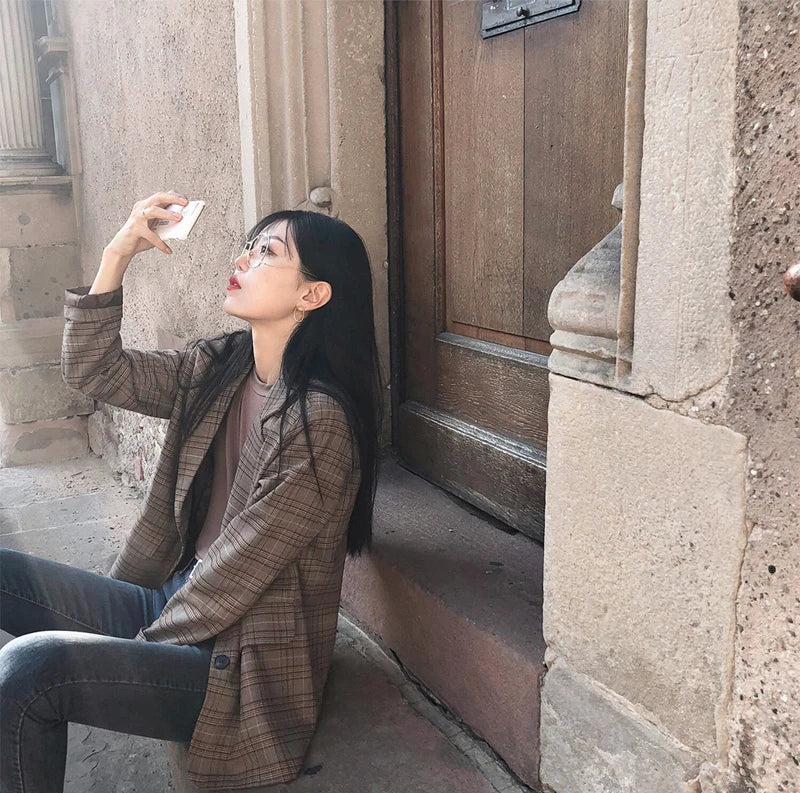 2025 Retro Plaid Blazer Set Single-breasted Jacket & Pencil Skirt 2 Pieces Skirt Suit Female Office Ladies Blazer Suit RT220