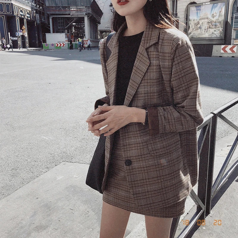 2025 Retro Plaid Blazer Set Single-breasted Jacket & Pencil Skirt 2 Pieces Skirt Suit Female Office Ladies Blazer Suit RT220