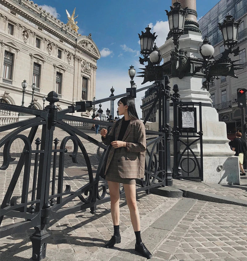 2025 Retro Plaid Blazer Set Single-breasted Jacket & Pencil Skirt 2 Pieces Skirt Suit Female Office Ladies Blazer Suit RT220