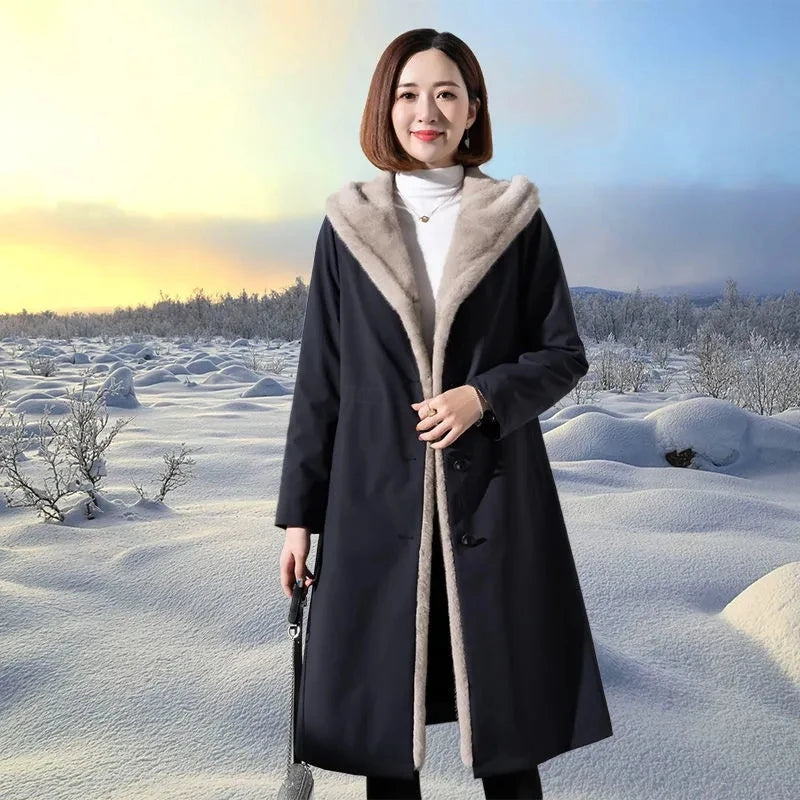 Female Hooded Fur Coat 2024 Autumn Winter New Women's The Long Jacket Coat Korean Version Trendy Imitation Fur Coat Women RT220