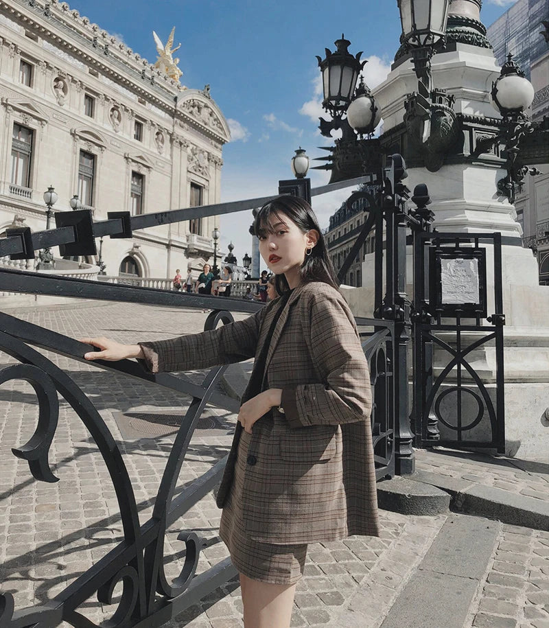 2025 Retro Plaid Blazer Set Single-breasted Jacket & Pencil Skirt 2 Pieces Skirt Suit Female Office Ladies Blazer Suit RT220