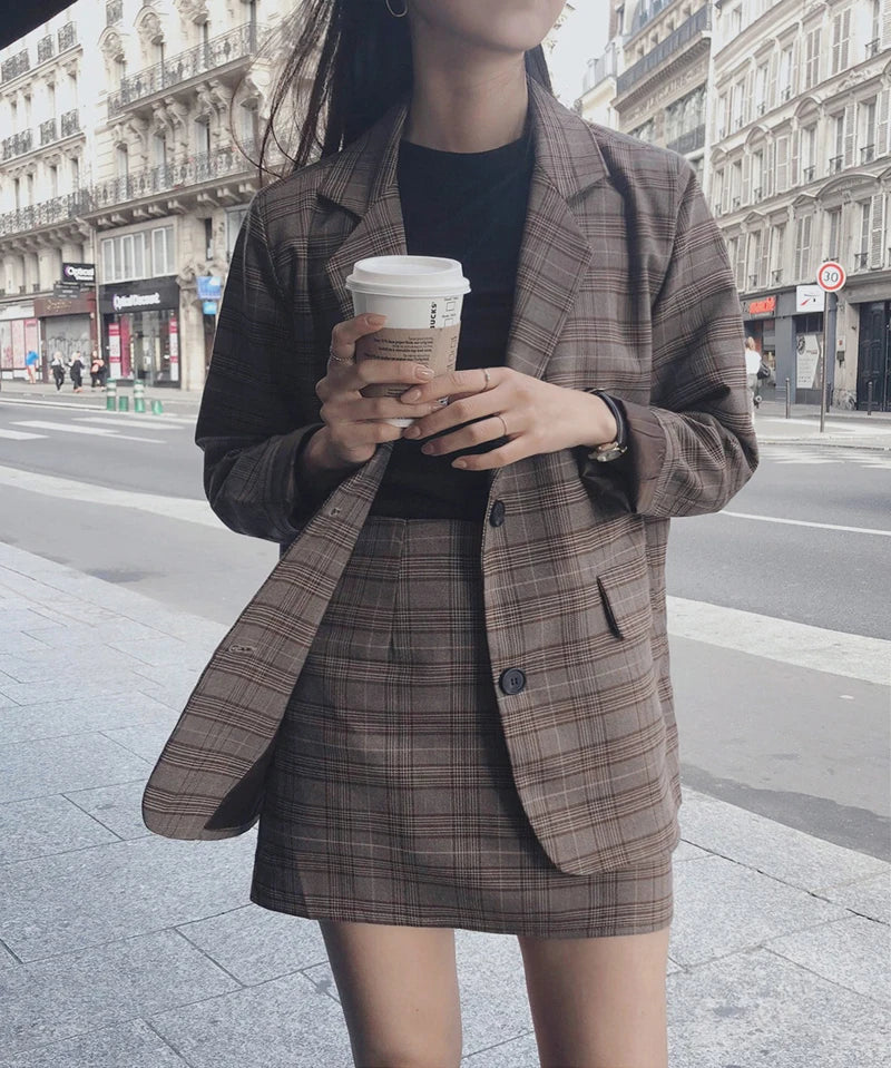 2025 Retro Plaid Blazer Set Single-breasted Jacket & Pencil Skirt 2 Pieces Skirt Suit Female Office Ladies Blazer Suit RT220