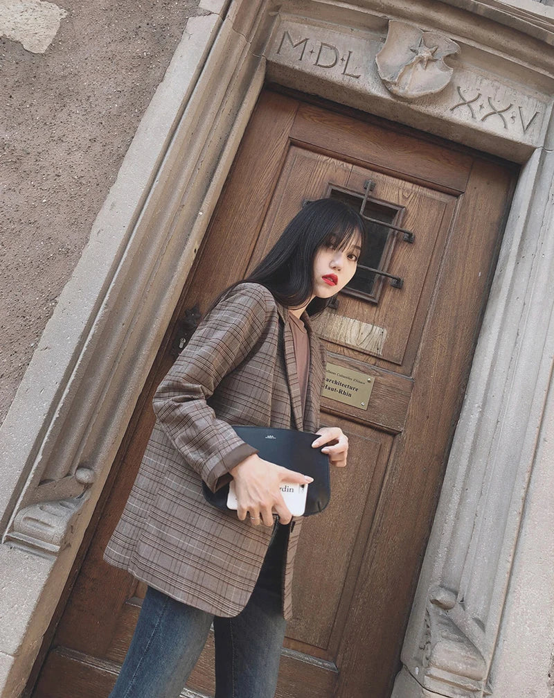 2025 Retro Plaid Blazer Set Single-breasted Jacket & Pencil Skirt 2 Pieces Skirt Suit Female Office Ladies Blazer Suit RT220