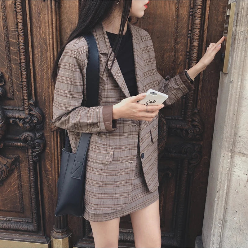 2025 Retro Plaid Blazer Set Single-breasted Jacket & Pencil Skirt 2 Pieces Skirt Suit Female Office Ladies Blazer Suit RT220