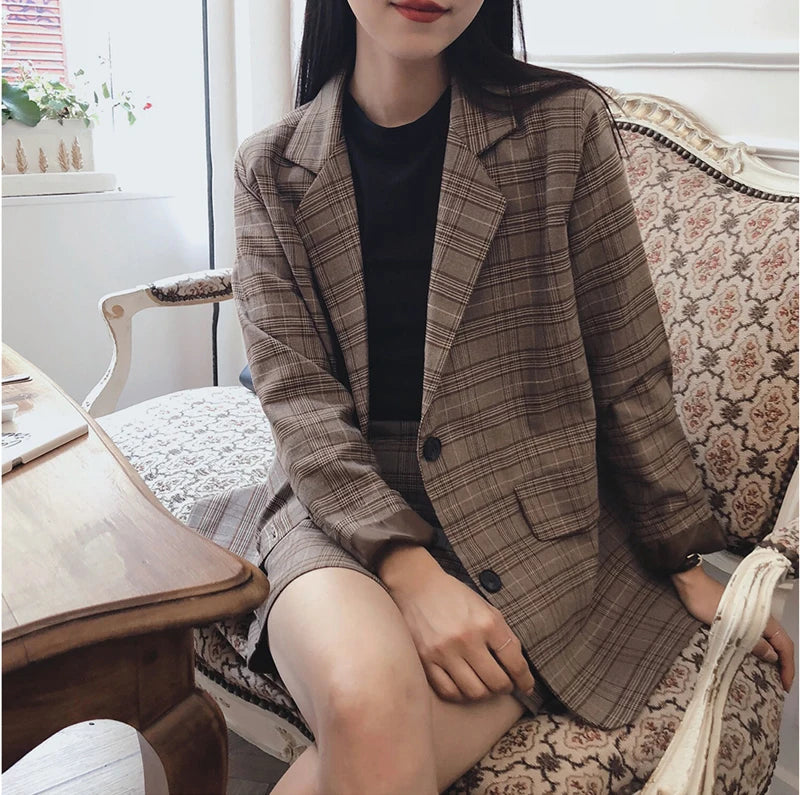 2025 Retro Plaid Blazer Set Single-breasted Jacket & Pencil Skirt 2 Pieces Skirt Suit Female Office Ladies Blazer Suit RT220