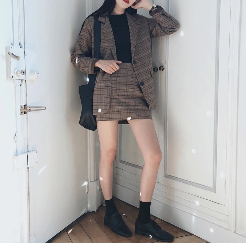 2025 Retro Plaid Blazer Set Single-breasted Jacket & Pencil Skirt 2 Pieces Skirt Suit Female Office Ladies Blazer Suit RT220