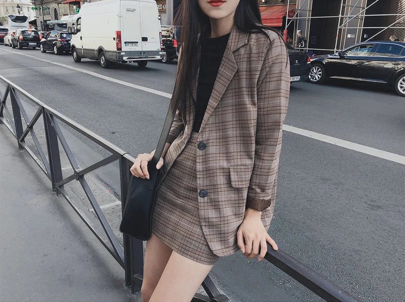 2025 Retro Plaid Blazer Set Single-breasted Jacket & Pencil Skirt 2 Pieces Skirt Suit Female Office Ladies Blazer Suit RT220