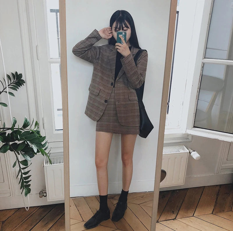 2025 Retro Plaid Blazer Set Single-breasted Jacket & Pencil Skirt 2 Pieces Skirt Suit Female Office Ladies Blazer Suit RT220