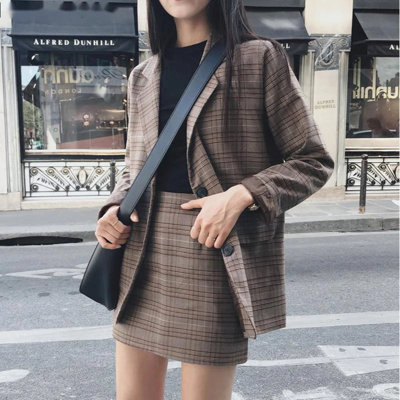 2025 Retro Plaid Blazer Set Single-breasted Jacket & Pencil Skirt 2 Pieces Skirt Suit Female Office Ladies Blazer Suit RT220