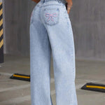 HOUZHOU Women's Loose Fit Distressed Straight Leg Jeans Blue Sweet Bow Embroidery Denim Trousers Casual Baggy Jeans with Pockets RT220