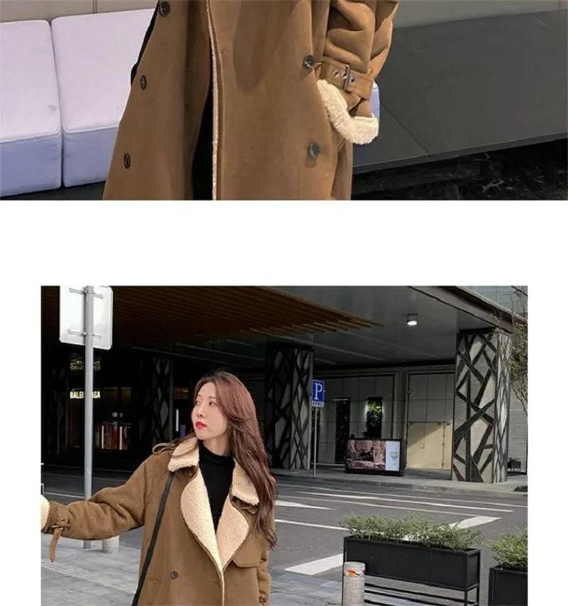 2024 Autumn Winter New Medium Long Double-breasted Lambswool Suede Woolen Coat Women Add Velvet Padded Warm Fur One Woolen Coats RT220