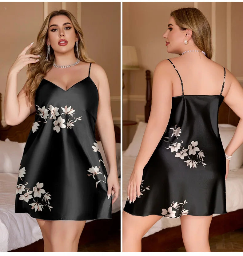 Plus Size 3XL 4XL 5XL Chemise Nightgown Summer New Female Satin Sleepwear Sexy Print Flower Strap Nightdress Homewear Negligee RT220