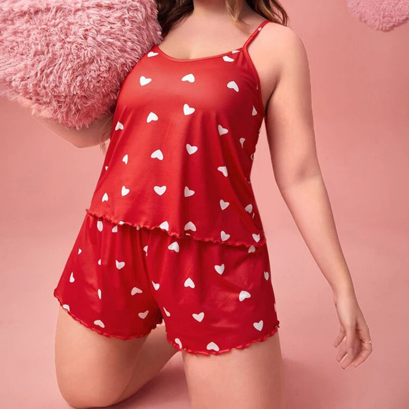 Plus-Size XL-5XL Women Pajama Set Nightgowns Cami Shorts Nightclothes  Sleeveless Nightwear Red Love Print Soft Sleepwear Summer RT220