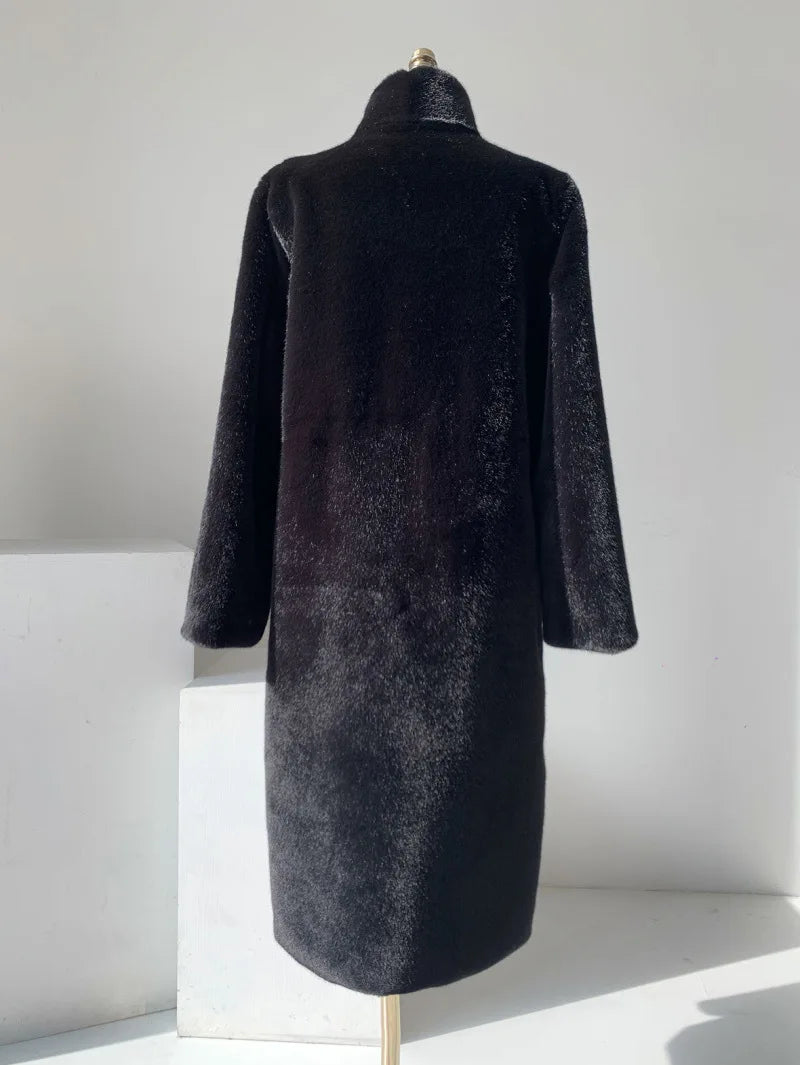 Coats Women Faux Fur Stand Collar Mid Length Long Coat Thick Maxi Warm Thick Open Stitch Elegant Autumn Winter Black Jackets RT220