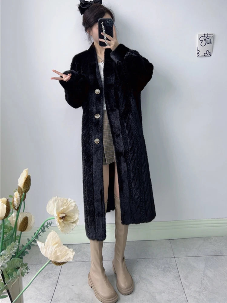 Women Fur Cardigan Thickened Long2025Spring And Autumn V-neck Jacket Female Loose Simple Leisure With Buttons Faux Fur Mink Coat RT220