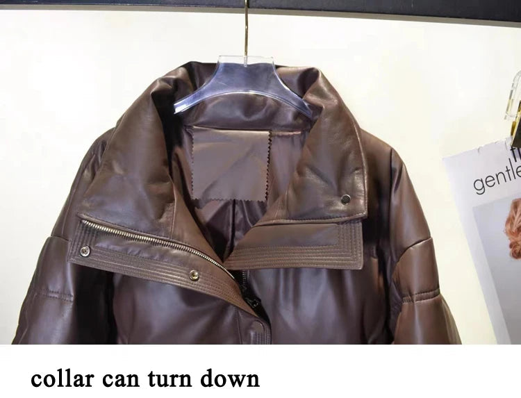 Women Leather Down Jacket Winter 2025 High End Genuine Sheepskin Down Coat Outdoor Thicked Warm Short Puffer Jacket Streetwear RT220