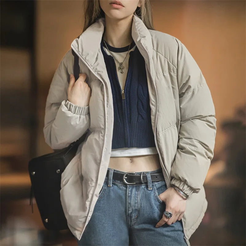 Maden Women Down Jacket Autumn Winter 90% White Duck Down Thickened and Warm Stand Collar Outerwear Coat Windproof Jacket RT220