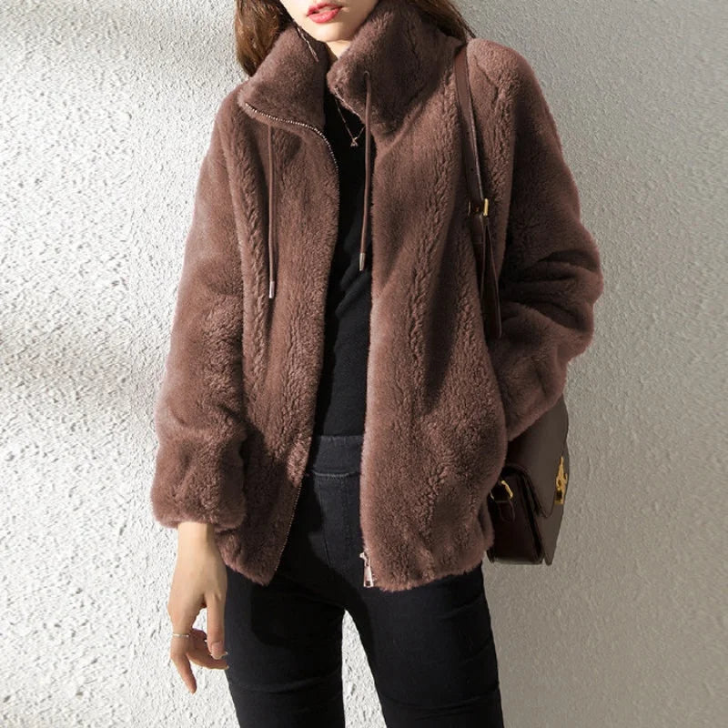 Women Autumn Winter Faux Fur Coats Zipper Cardigan Plush Thick Warm Coat Loose Oversized Outerwear Female Coral Fleece Overcoat RT220
