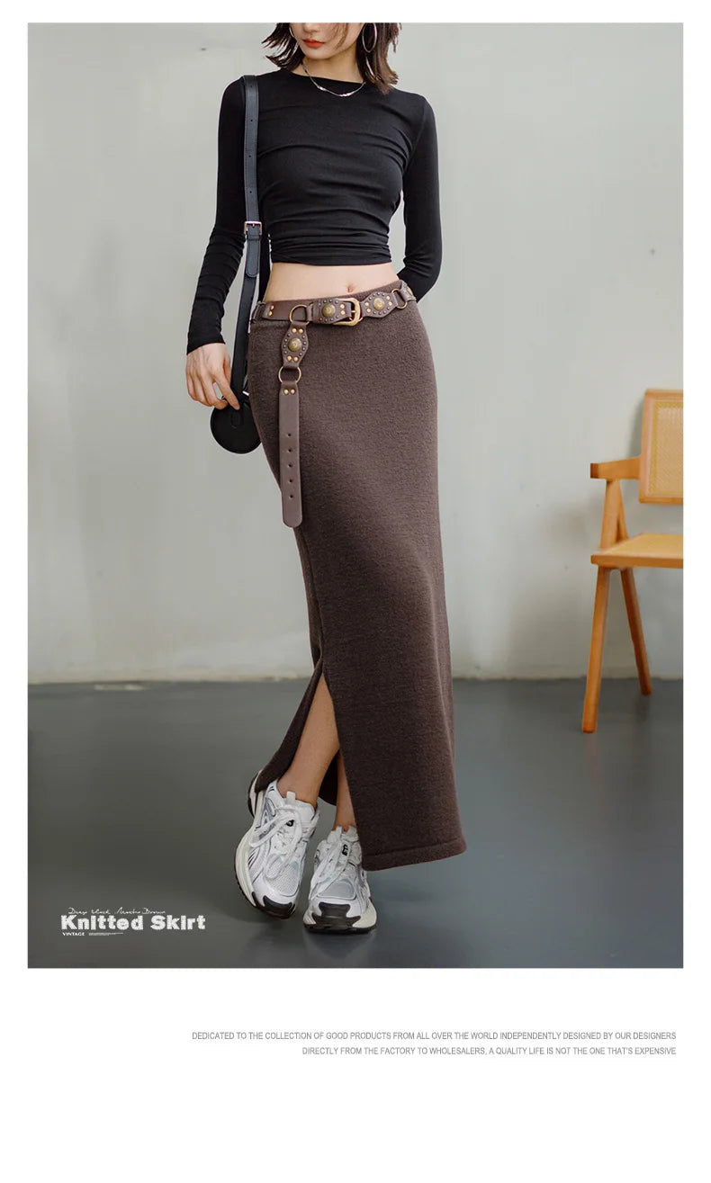 Maden Retro Knitted Skirt Solid Color Slit Fit with Single-side Slit Versatile A - line Skirt for Women's Autumn and Winter RT220