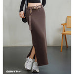Maden Retro Knitted Skirt Solid Color Slit Fit with Single-side Slit Versatile A - line Skirt for Women's Autumn and Winter RT220