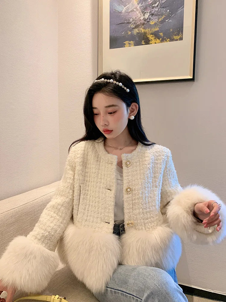 Autumn Winter Women's White Imitation Fox Fur Single Breasted Short Jacket New High-Quality Cotton/Non Cotton Wool Coats RT220